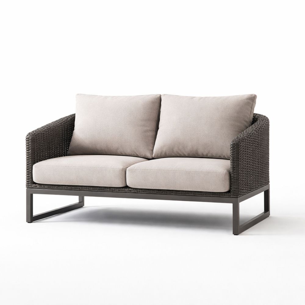 Outdoor Two-Seater Sofa Wicker Aluminum Frame Beige Cushions