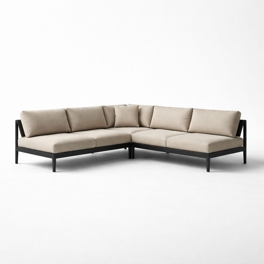 L-Shaped Sectional Patio Sofa Set Aluminum Frame with Polyester Cushions Beige