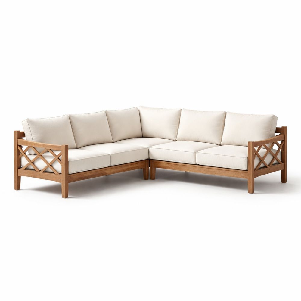 Outdoor Corner Sectional Sofa Wood Frame Polyester Blend Beige Cushions 223 cm