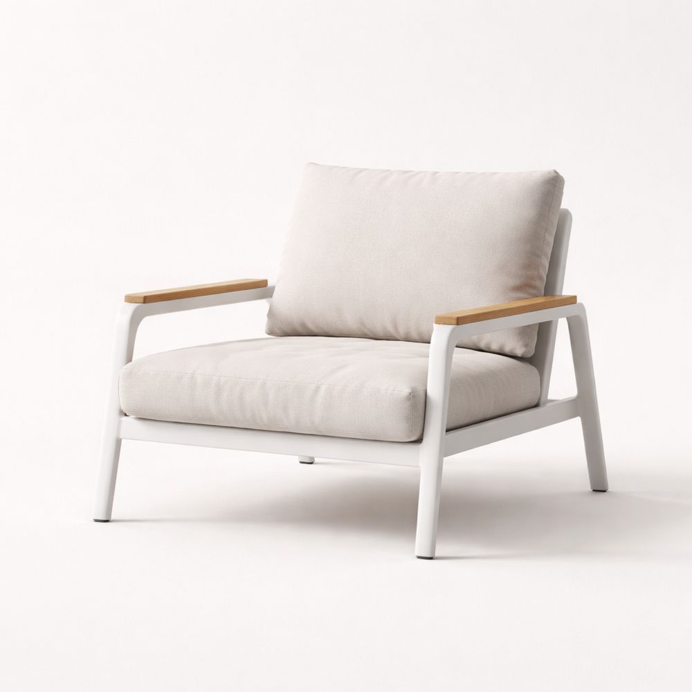 Outdoor Aluminum Armchair with Polyester Cushions and Teak Armrests White