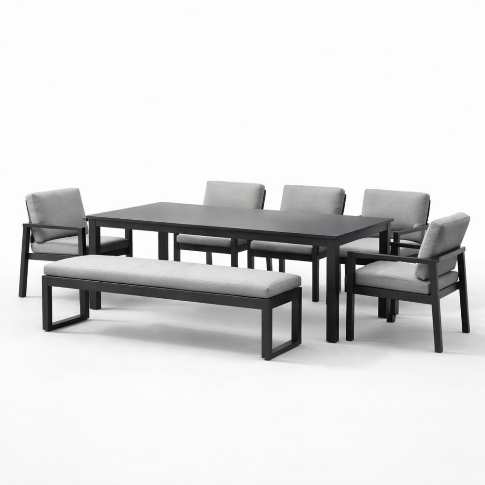 Outdoor Dining Set with Aluminum Frame and Cushioned Chairs - Rectangular Table and Bench - Black/Grey