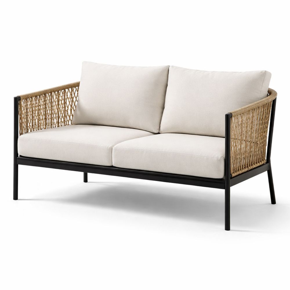 Two-Seater Outdoor Sofa with Woven Rope and Metal Frame Beige Cushions