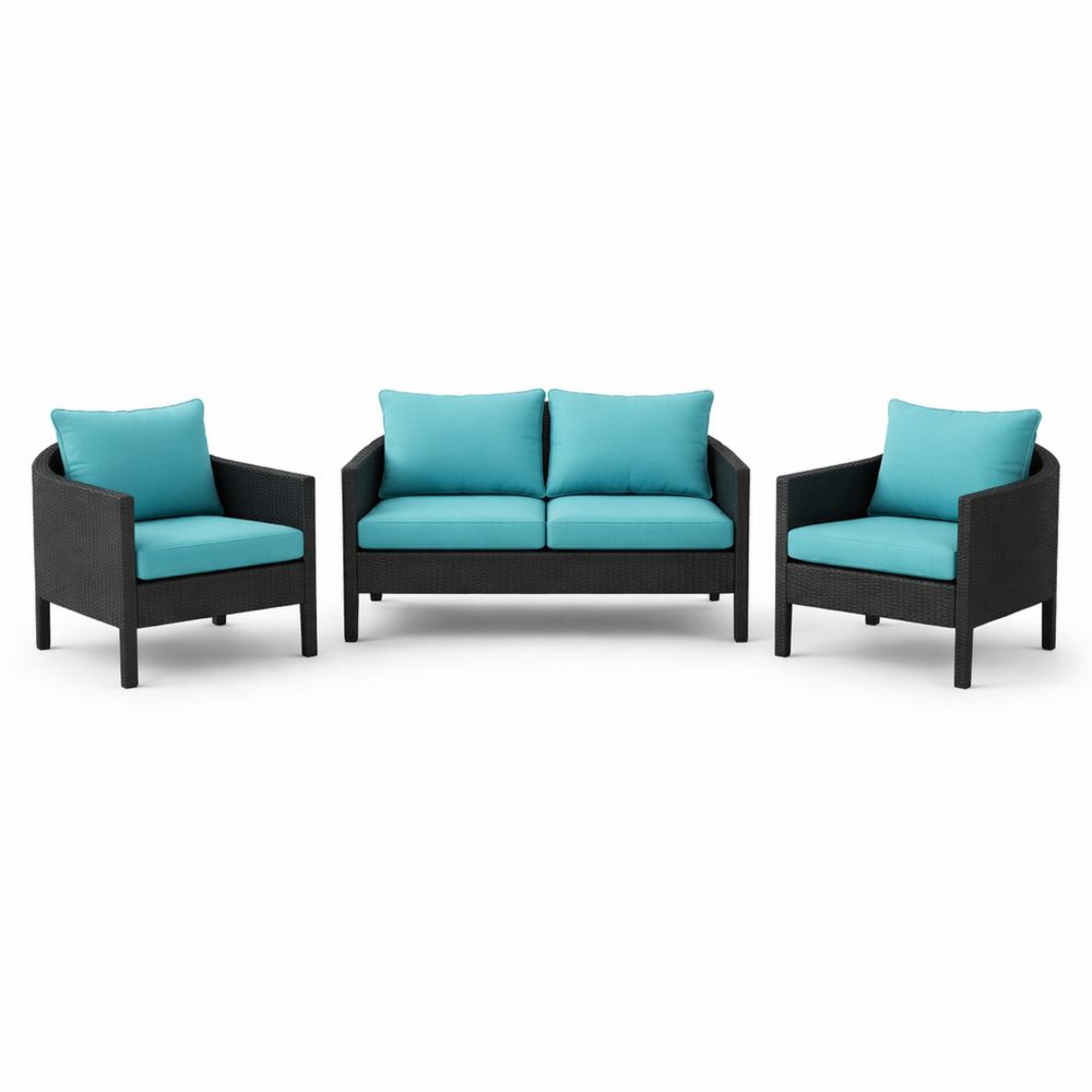 3-Piece Wicker Patio Furniture Set with Turquoise Cushions