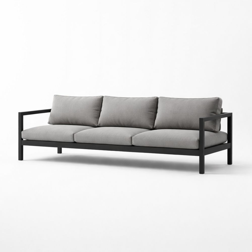 Outdoor Aluminum Frame Sofa with Gray Polyester Cushions, 3-Seater