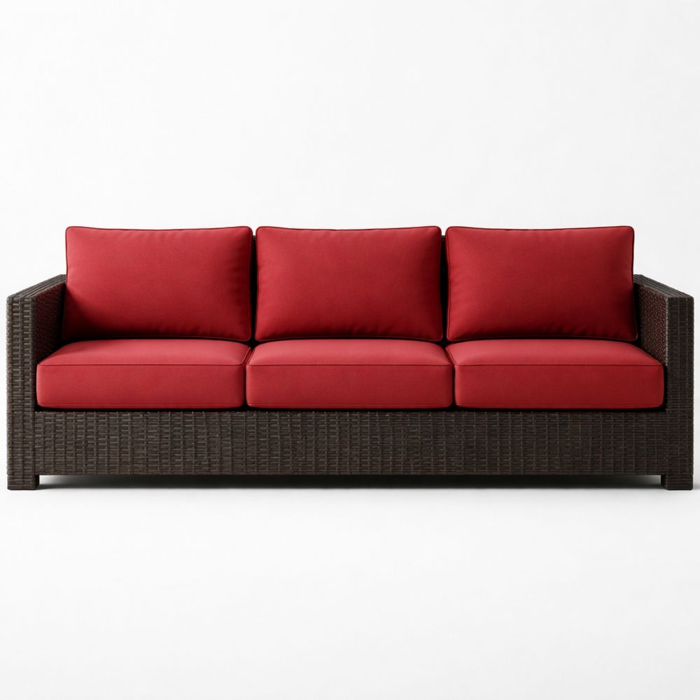 Outdoor Wicker Sofa with Red Polyester Cushions 220cm
