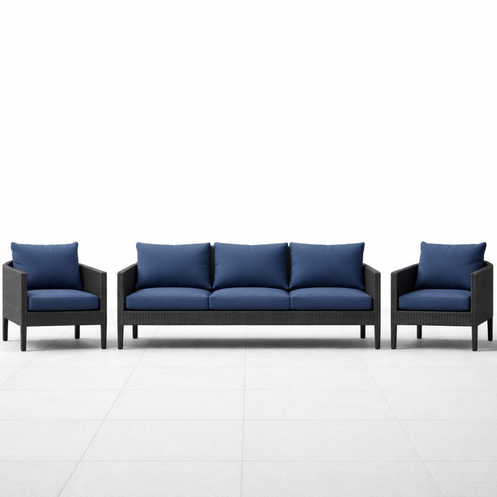 Rattan Outdoor Patio Sofa Set with Blue Cushions