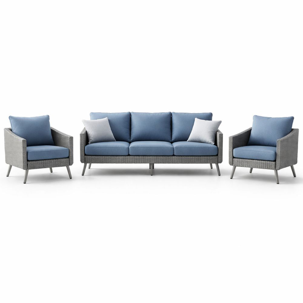 Outdoor Rattan Sofa Set with Cushions Blue Gray 3 Seater and 2 Armchairs