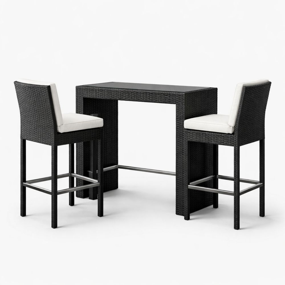 Outdoor Patio PE Rattan Bar Table and Stool Set Black with Cushions 3-Piece