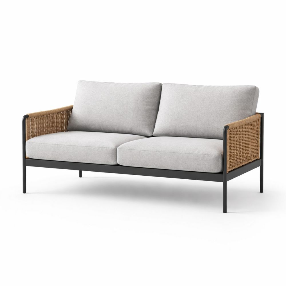 Outdoor Patio Sofa Steel Frame with Wicker Arms and Polyester Cushions