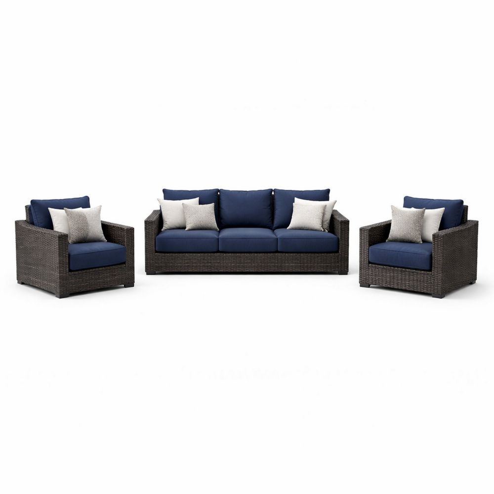 Outdoor Patio Sofa Set Wicker Frame with Blue Cushions
