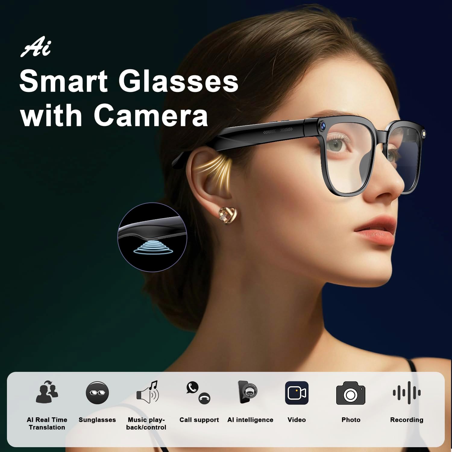 AI Smart Glasses with Camera and Audio, 8MP HD Camera Glasses for Men Women,1080P Video Recording Sunglasses,Real Time Translation,Voice Assistant, Open-Ear Audio for Travel, Meetings & Vlogging