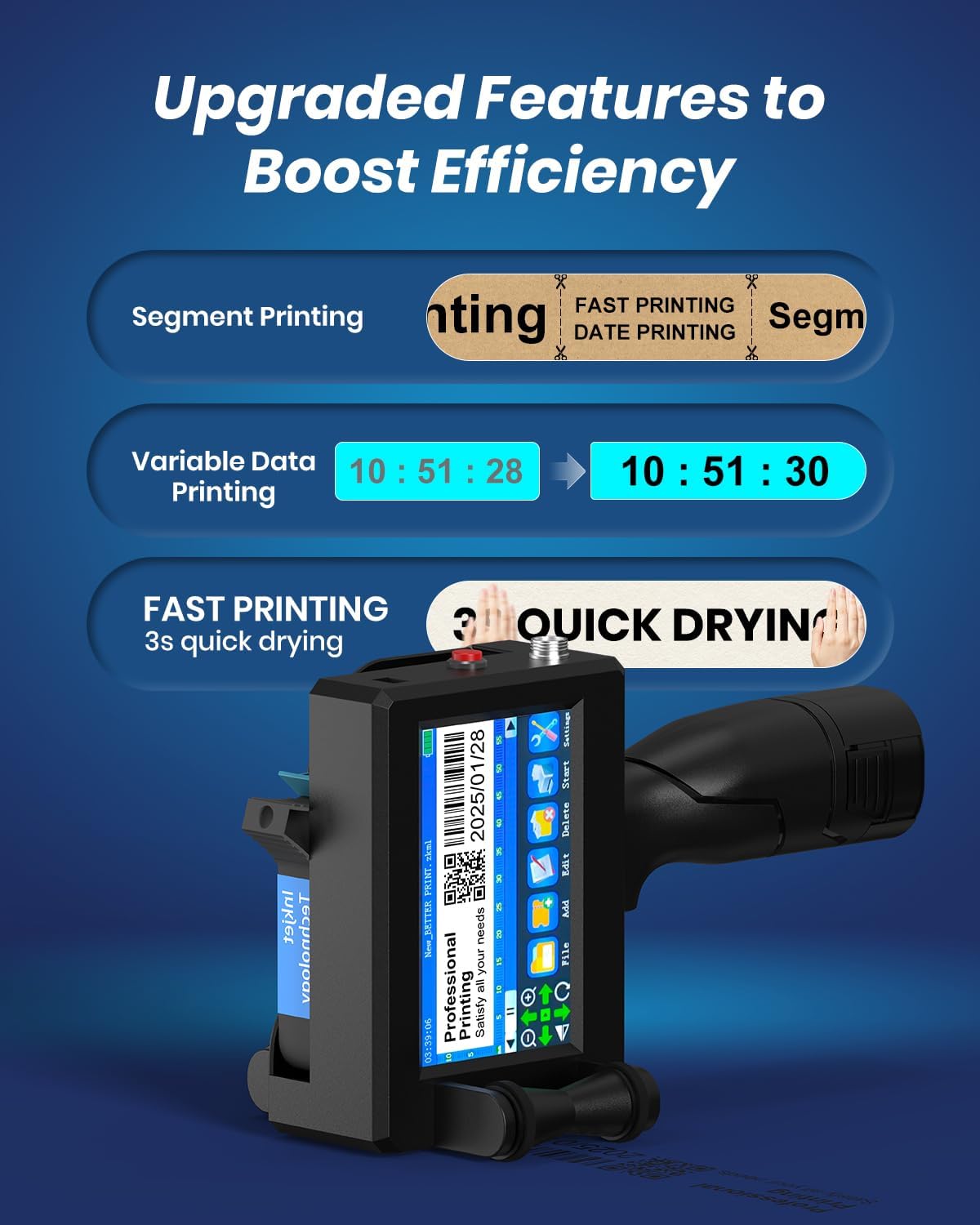 Portable Handheld Inkjet Printer Gun-0.5 Inch Nozzle for Logo/Batch Number/QR Code on Any Surface (Metal,Wood,Glass,Cloth,Carton) with Quick-Drying Ink & Multi-Language Support