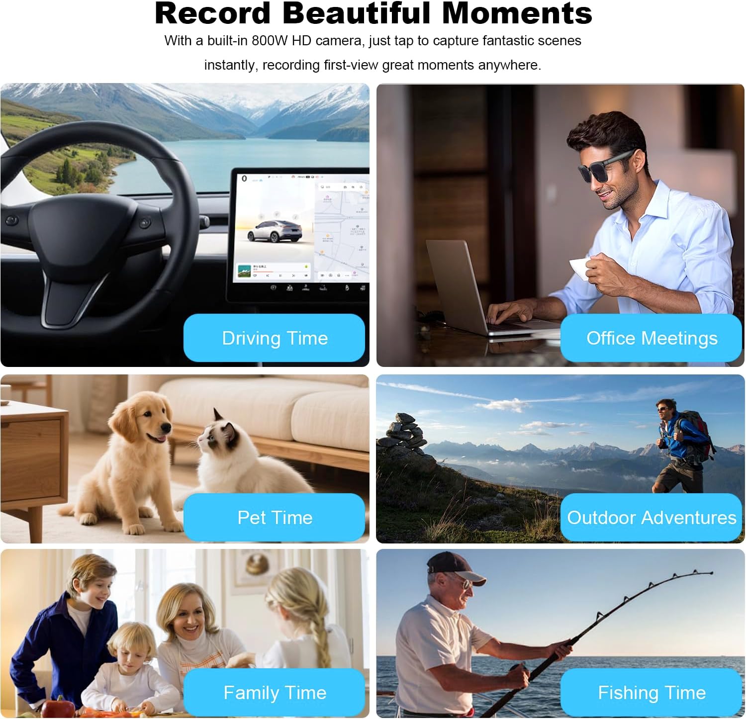 AI Smart Glasses with Camera and Audio, 8MP HD Camera Glasses for Men Women,1080P Video Recording Sunglasses,Real Time Translation,Voice Assistant, Open-Ear Audio for Travel, Meetings & Vlogging