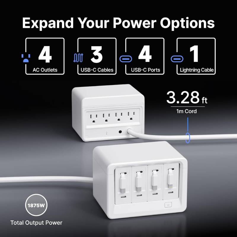 12-in-1 Desktop Charging Station with 4 Retractable Wall Chargers,Extension Cord with 1020J Surge Protection for Home Office
