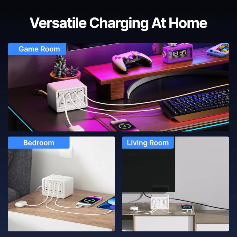 12-in-1 Desktop Charging Station with 4 Retractable Wall Chargers,Extension Cord with 1020J Surge Protection for Home Office