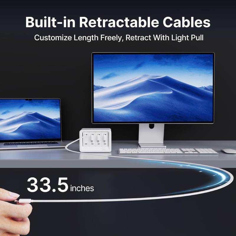 12-in-1 Desktop Charging Station with 4 Retractable Wall Chargers,Extension Cord with 1020J Surge Protection for Home Office