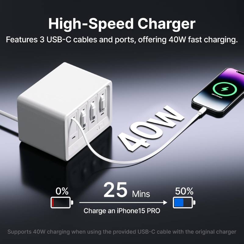 12-in-1 Desktop Charging Station with 4 Retractable Wall Chargers,Extension Cord with 1020J Surge Protection for Home Office