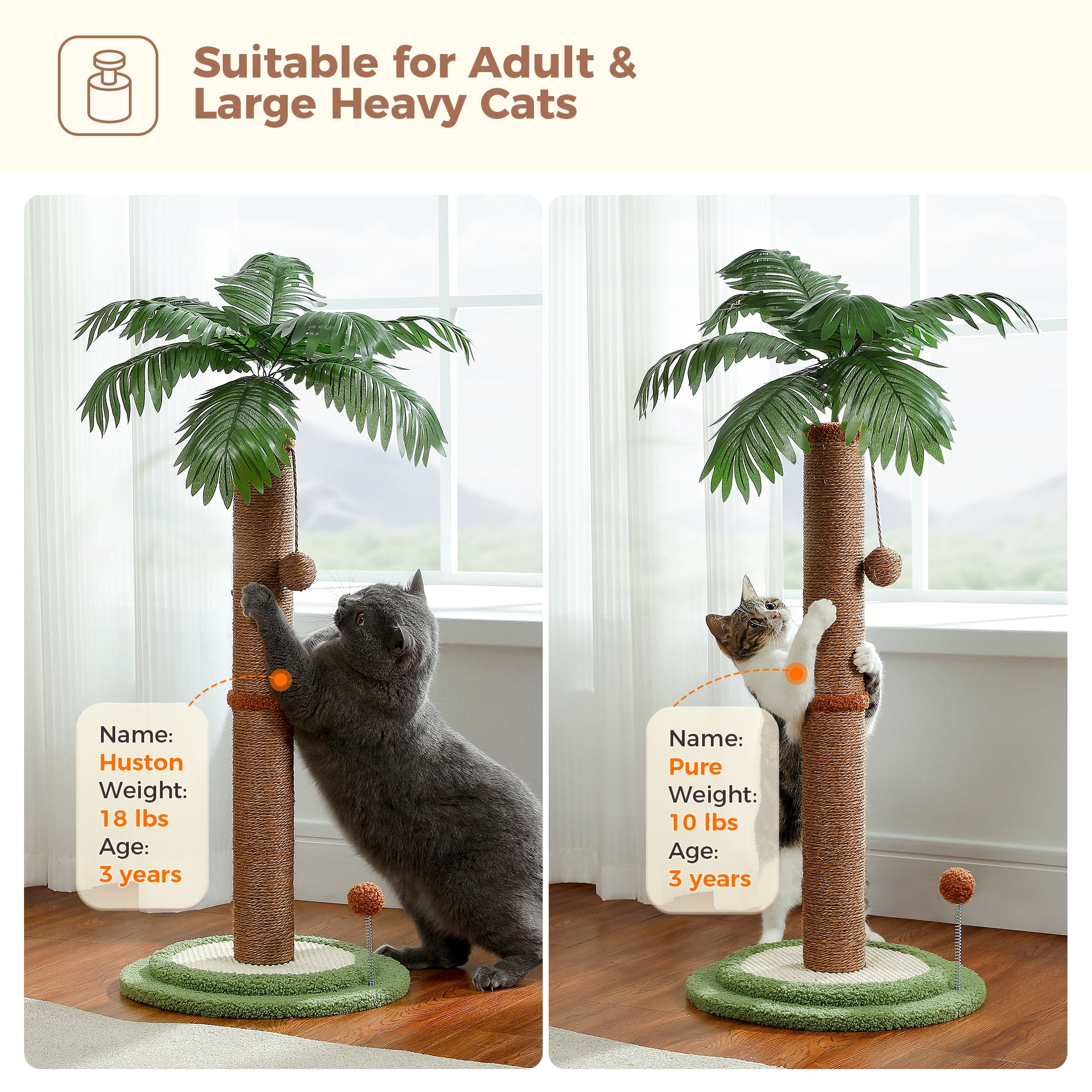 34" Coconut Palm Cat Scratching Post with Interactive Balls for Indoor Cats, Brown