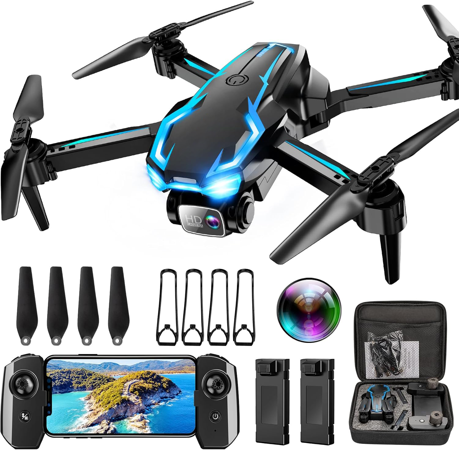 Drone with Camera for Adults, 2K HD FPV Drones with Upgrade Altitude Hold, One-Key Take Off/Landing, Speed Adjustment, Headless Mode, 2 Batteries, Toys Gifts for Teen Boys Girls, Beginner
