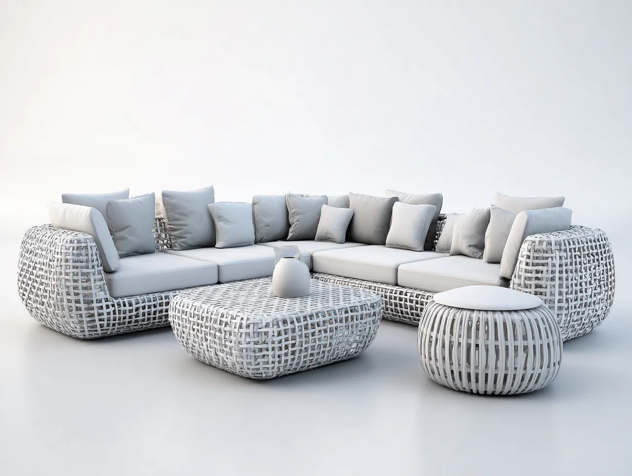 Gartensofa-Polyrattan-Metall-260x260x70 cm-Hellgrau-Weiß-Modernes Outdoor Design-Havenuploft