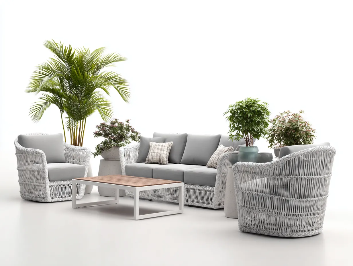 Gartensofa-Polyrattan-Metall-Holz-200x85x75 cm-Hellgrau-Weiß-Modernes Outdoor Design-Havenuploft