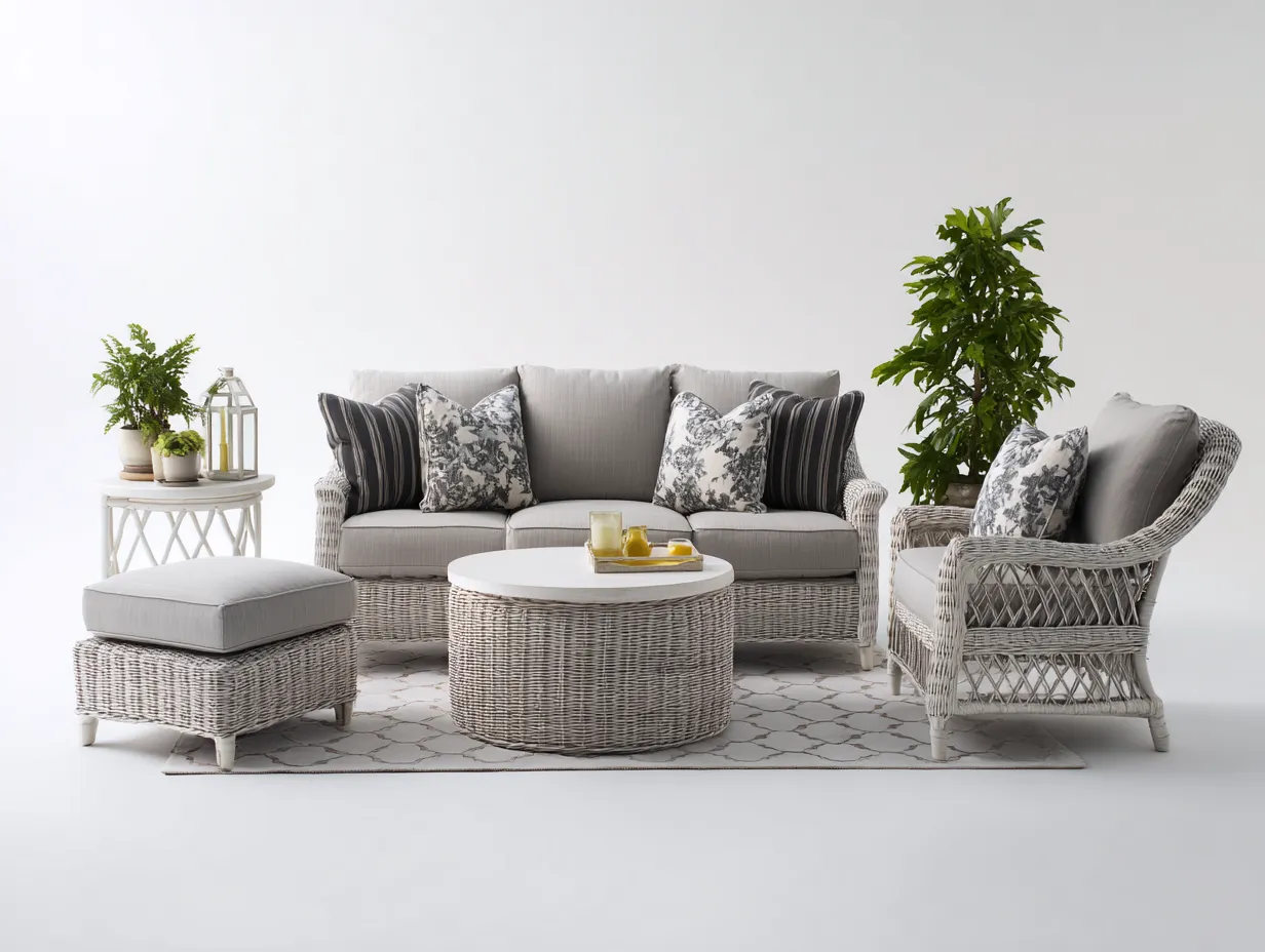 Gartensofa-Polyrattan-Metall-210x90x75 cm-Naturgrau-Weiß-Modernes Outdoor Design-Havenuploft