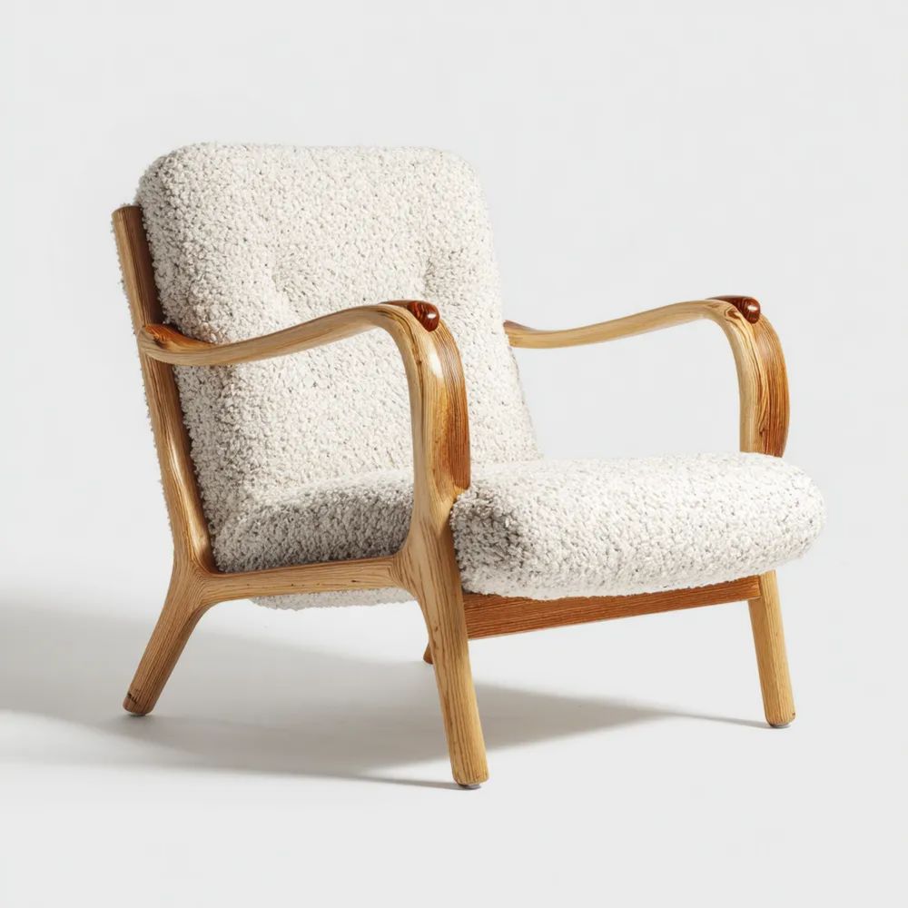 Fauteuil en bois et tissu bouclé 75x70x80 cm - Blanc - Style Scandinave