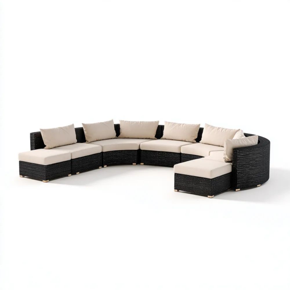 Canapé d'angle de jardin en rotin 300x300x65 cm – Beige/Noir – Design modulaire