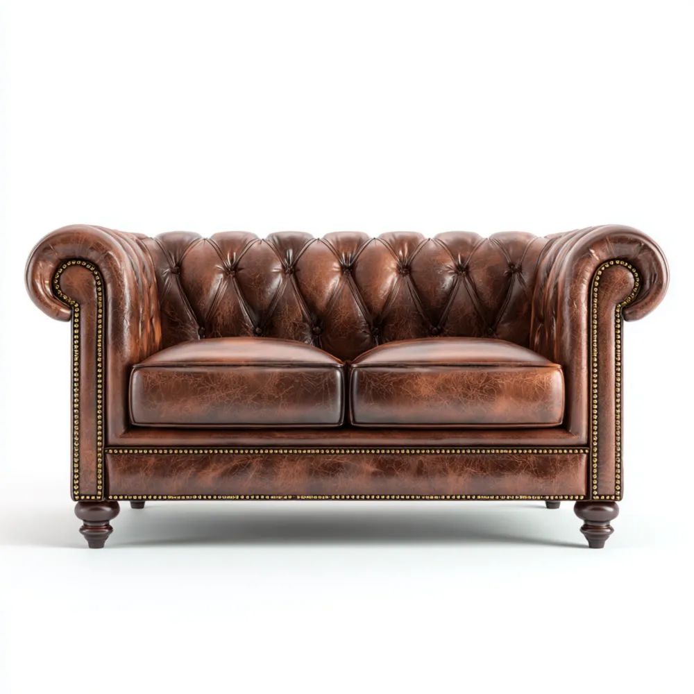 Canapé deux places en cuir 150x85x75 cm - Marron - Style Chesterfield