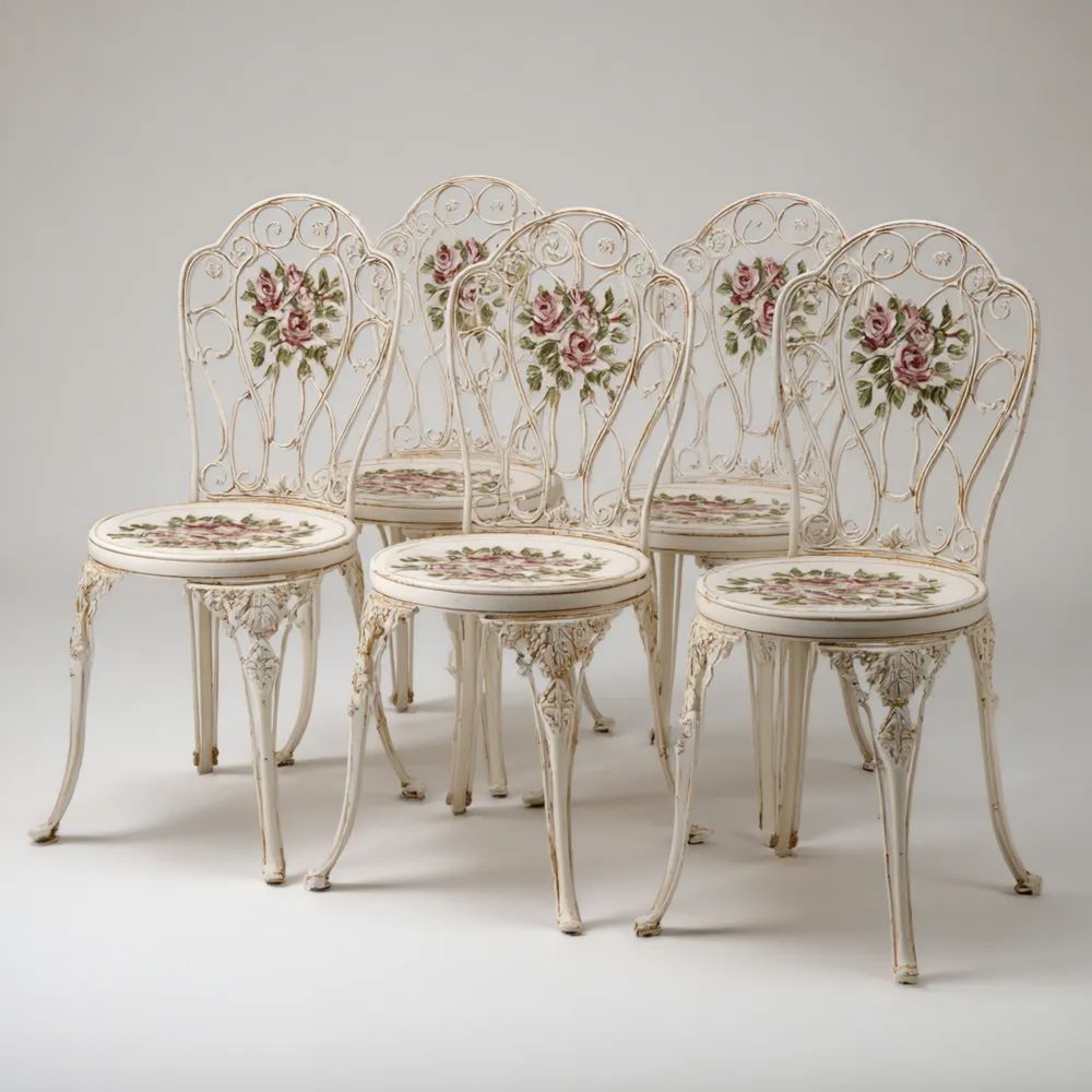 Chaises de jardin en fer forgé avec motifs floraux 45x40x90 cm – Ensemble de 5 – Blanc Antique