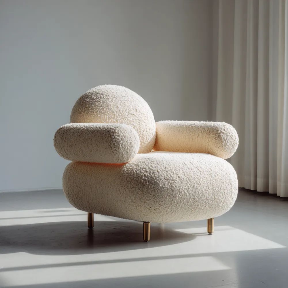 Fauteuil rembourré en tissu bouclé 85x80x80 cm - Blanc Crème - Design moderne