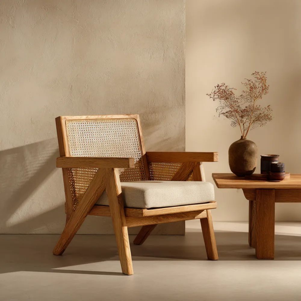 Fauteuil en bois et rotin – 90x75x80 cm – Beige – Design rétro