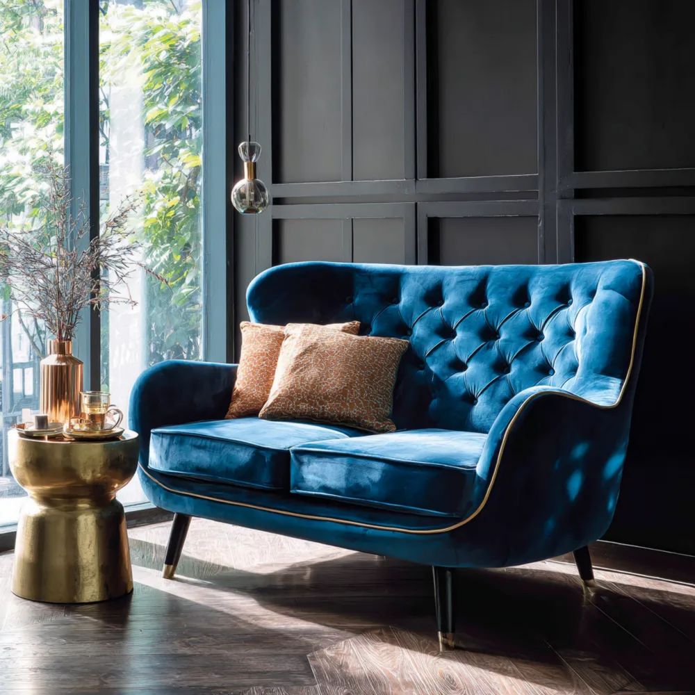 Canapé deux places Velours 120x75x85 cm - Bleu - Design Classique