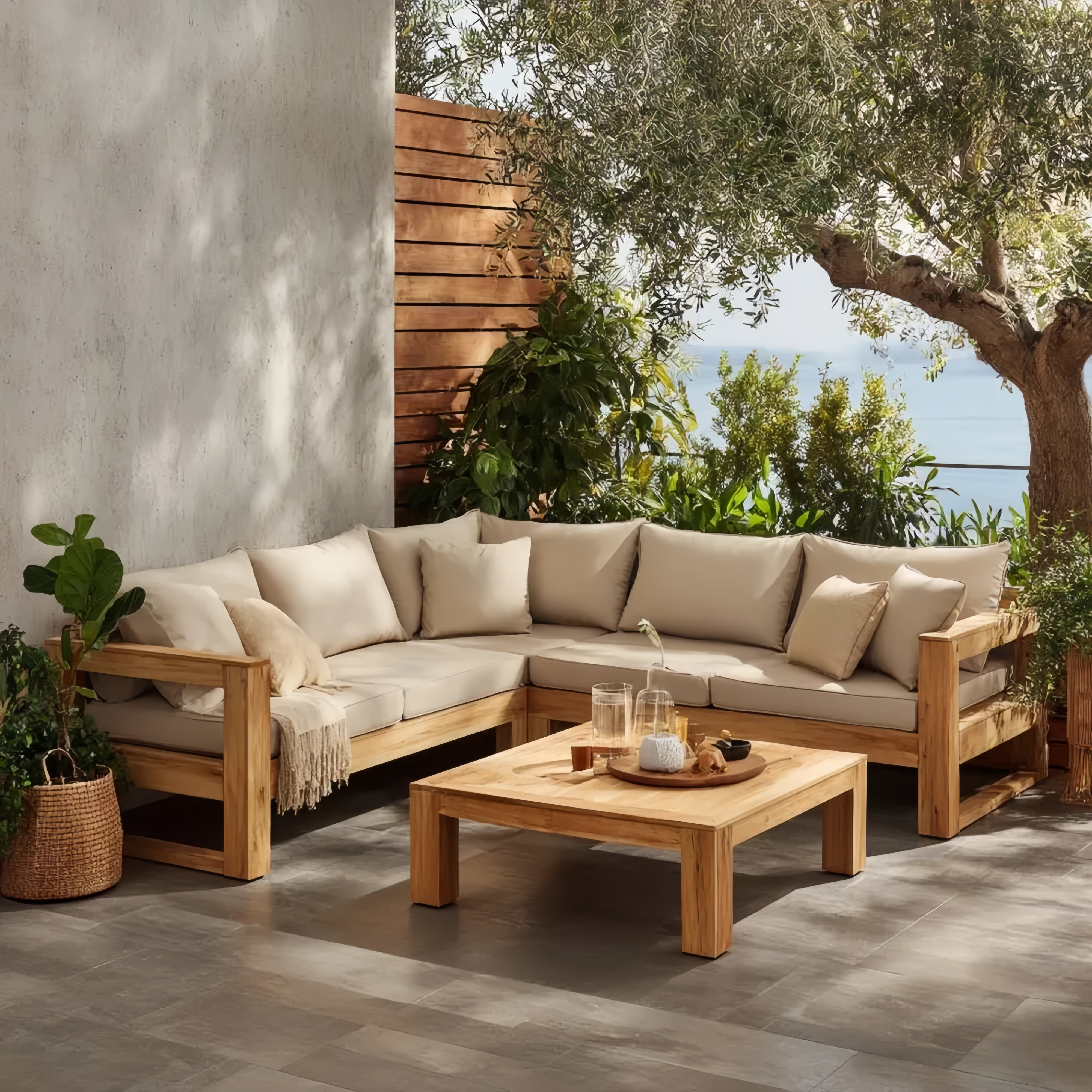 Set di divani angolari da esterno 250x250x80 cm in legno con cuscini Crema - Design contemporaneo