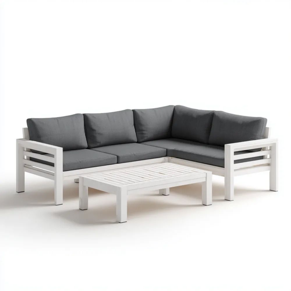 Set di divani angolari da esterno in legno 200x200x70 cm con tavolino 100x60x40 cm – Grigio antracite/Bianco – Design moderno