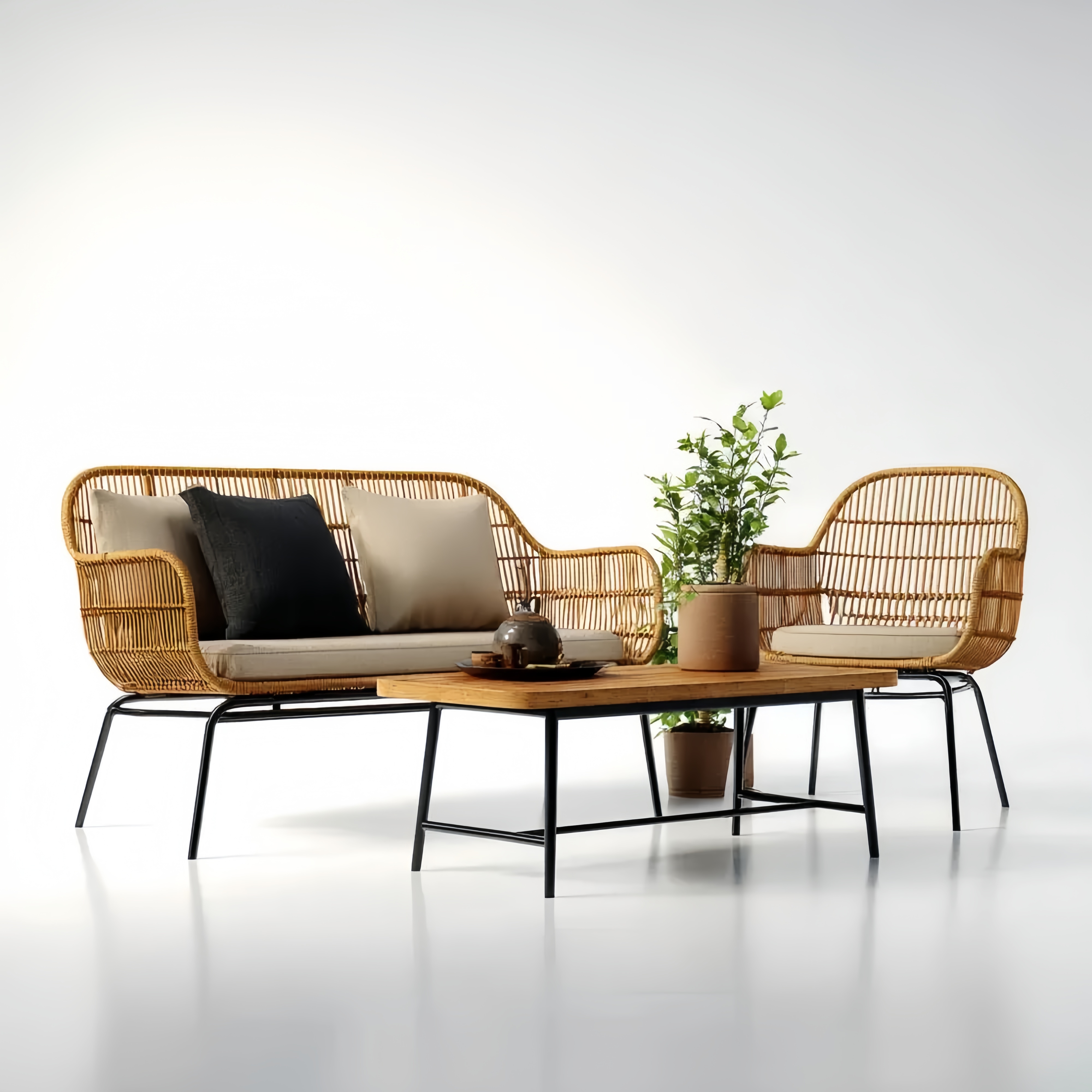 Set di divani da esterno Rattan 2 posti e poltrone 130x75x85 cm - Naturale - Design Moderno