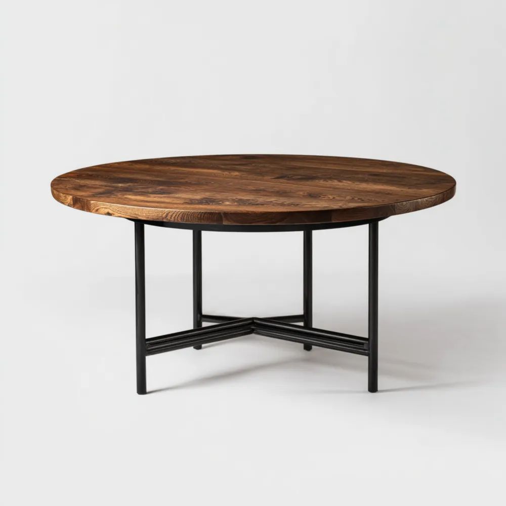 Tavolo da pranzo rotondo in legno massello 120x120x75 cm - Marrone scuro/Nero - Design industriale