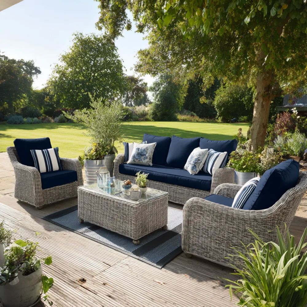 Set di divani da esterno in rattan 180x75x80 cm con cuscini Blu/Grigio