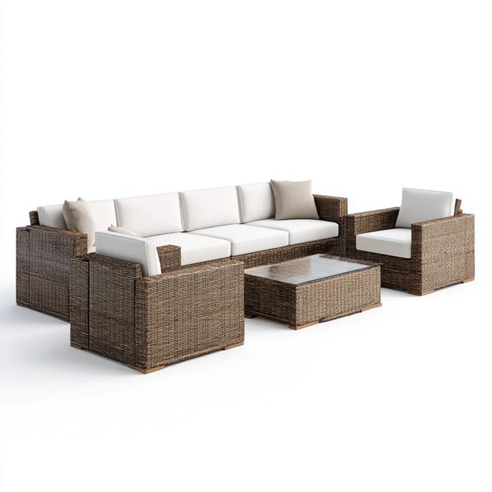 Set di divani da esterno in rattan intrecciato 300x85x65 cm con cuscini Bianco/Marrone
