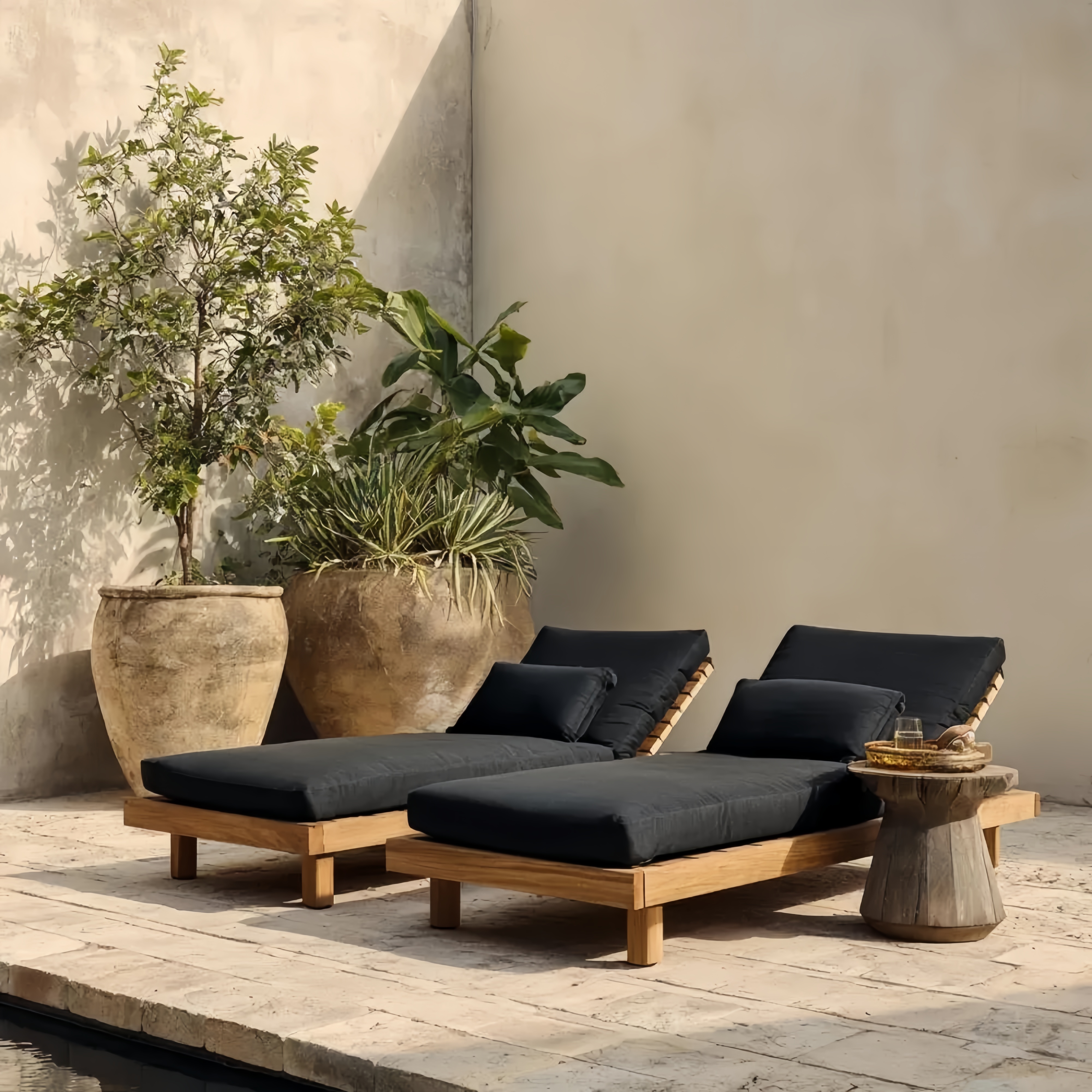 Lettino prendisole in legno massello 200x70x30 cm - Cuscino Nero regolabile - Design moderno