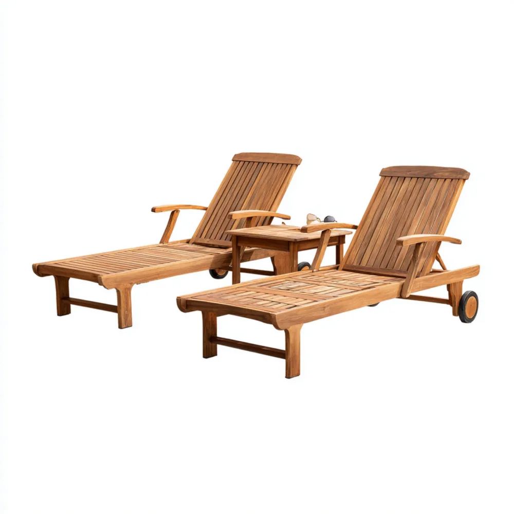 Lettino prendisole in legno di teak regolabile con ruote 200x65x35 cm e tavolino 50x50x45 cm - Design classico