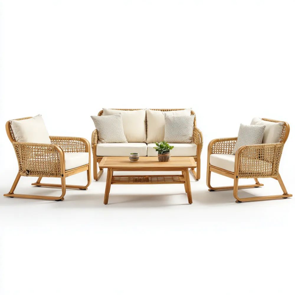 Set di divani da esterno in rattan e legno 4 pezzi 120x70x80 cm - Beige - Design contemporaneo