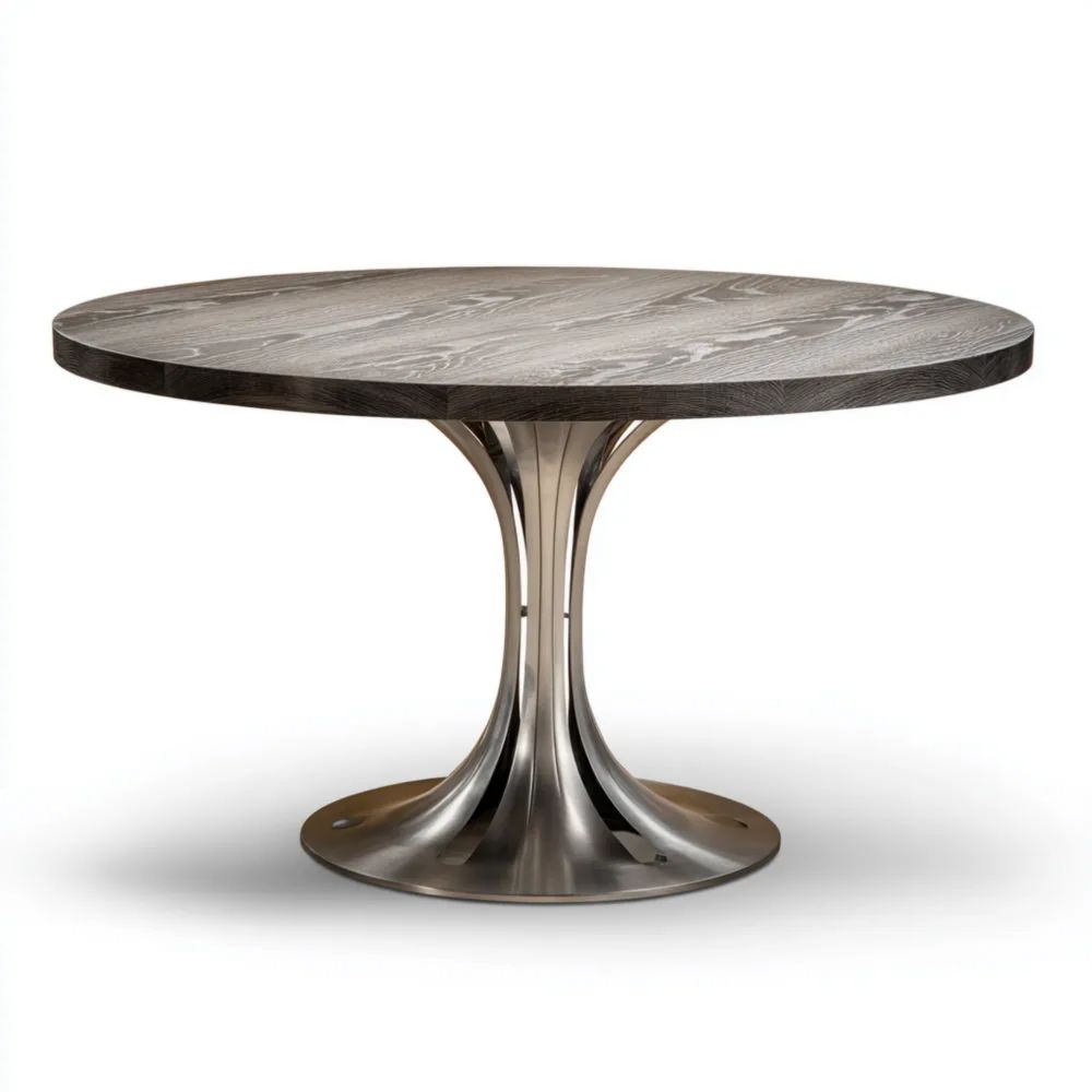 Tavolo da pranzo rotondo in legno massello 120x120x75 cm – base in metallo cromato – design moderno