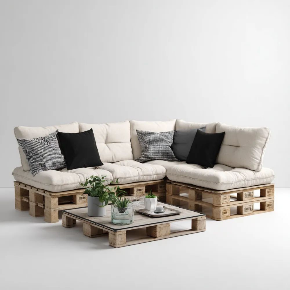 Set di divani da esterno in pallet 250x180x80 cm - Bianco Crema - Stile rustico