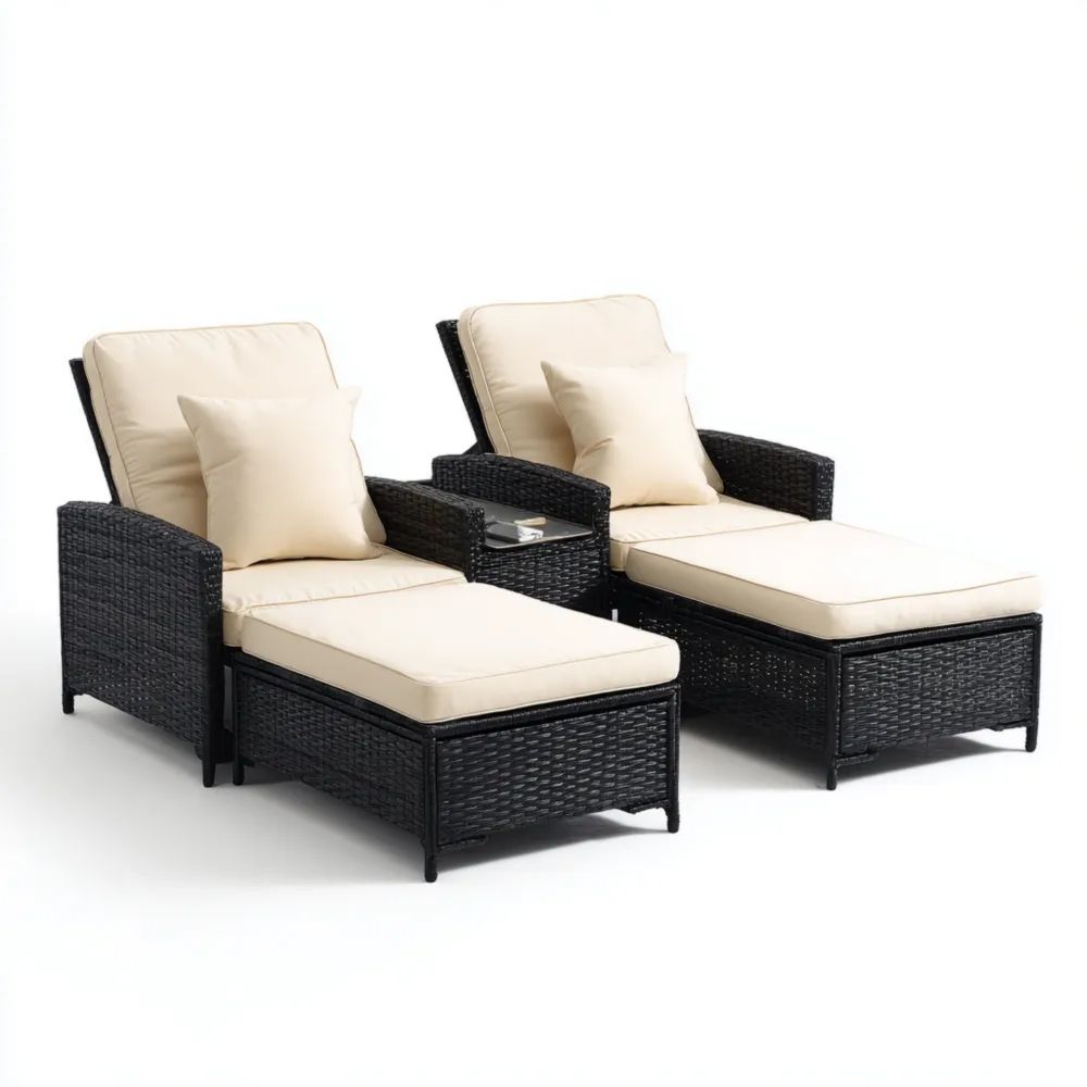 Set di Lettini Prendisole in Rattan PE 200 cm x 75 cm x 57 cm - Cuscini Crema - Design Moderno