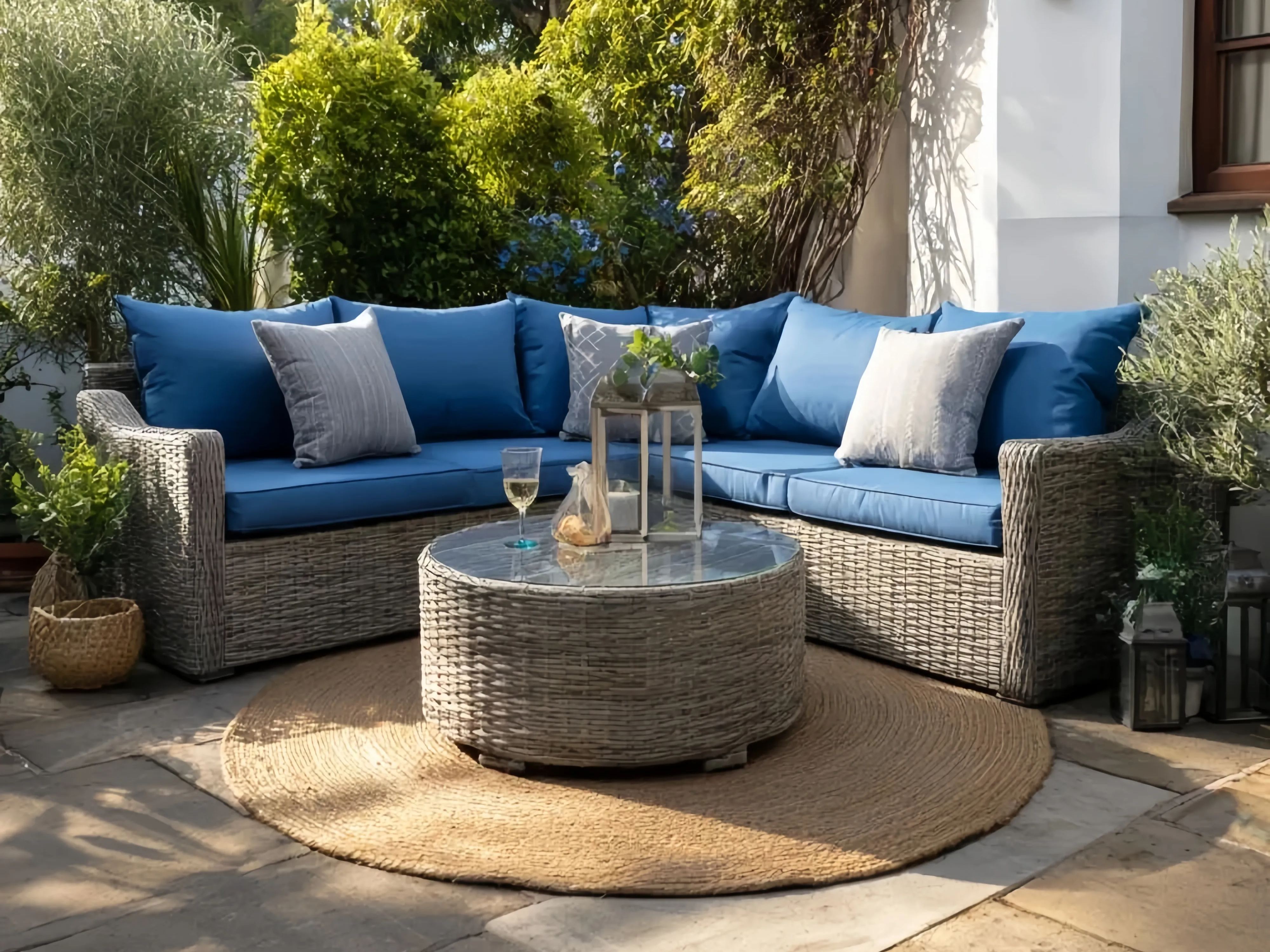 Set di divani da esterno in rattan intrecciato 220x85x75 cm – Blu/Grigio – Design moderno