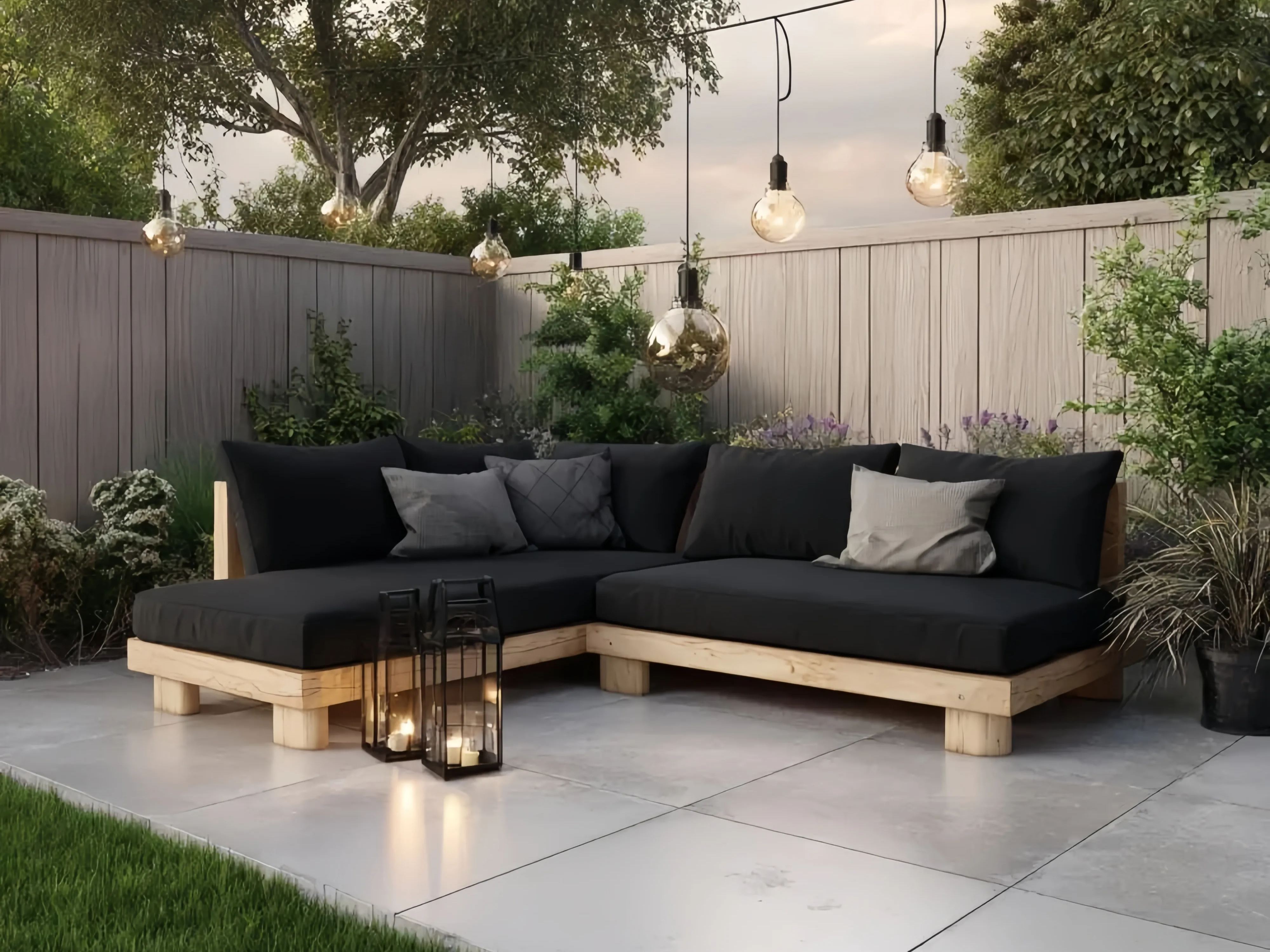 Set di Divani Angolari da Esterno 210x210x70 cm in Legno e Tessuto - Nero