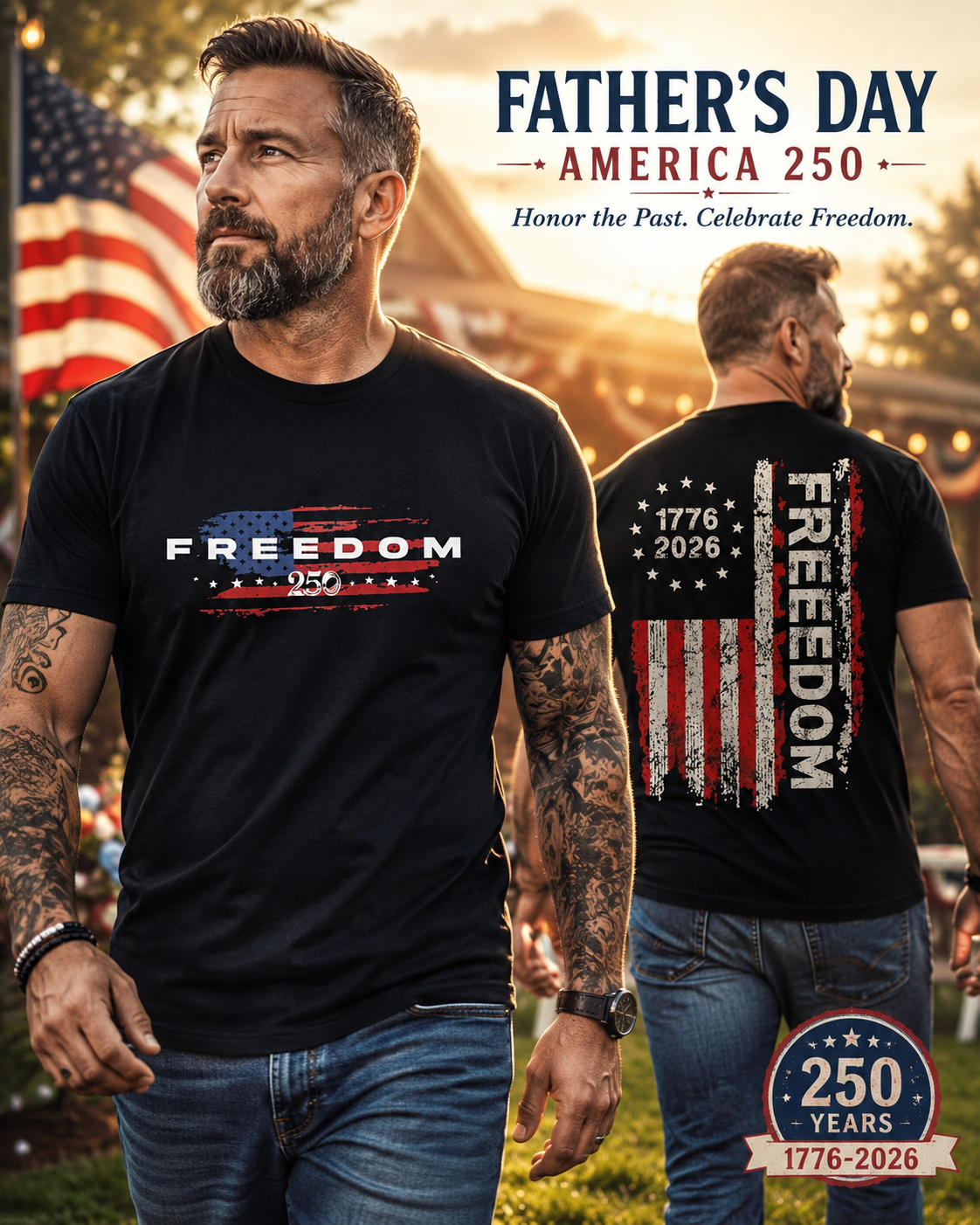 🔥49% off- Men's Classic Shortsleeve Patriotic Apparel, 1776-2026 Freedom 250 Years Vintage Distressed USA Flag Graphic T-Shirt