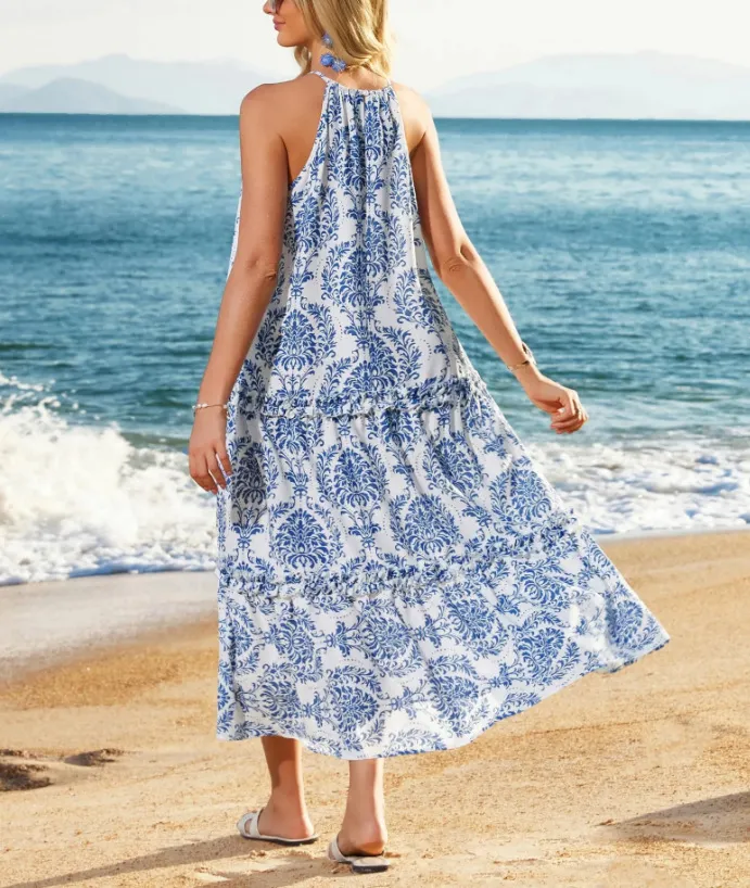 Women's Boho Casual Summer Floral Halter Tiered Beach Dress