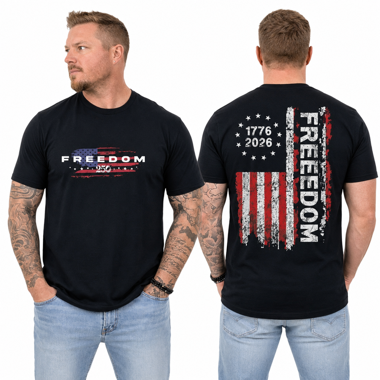 🔥49% off- Men's Classic Shortsleeve Patriotic Apparel, 1776-2026 Freedom 250 Years Vintage Distressed USA Flag Graphic T-Shirt